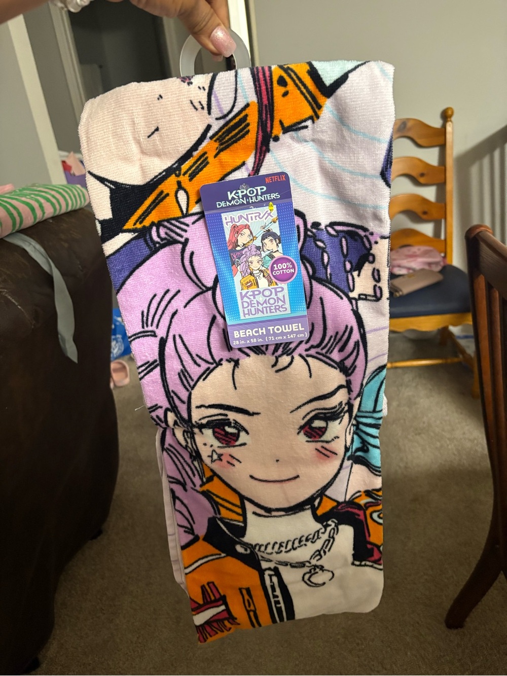 K-Pop Demon Hunters Beach Towel - Anime Character, Pink & Purple Accents